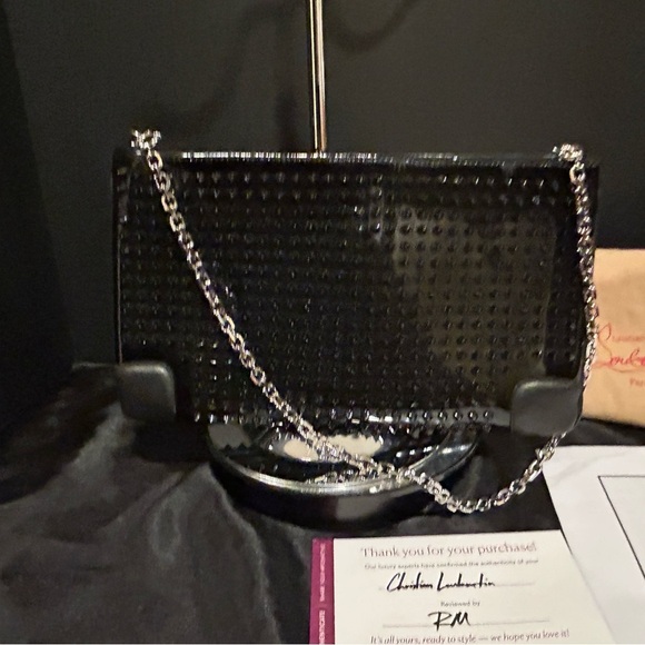 CHRISTIAN LOUBOUTIN Loubiposh Black Patent Leather Spiked Clutch/ Crossbody Bag